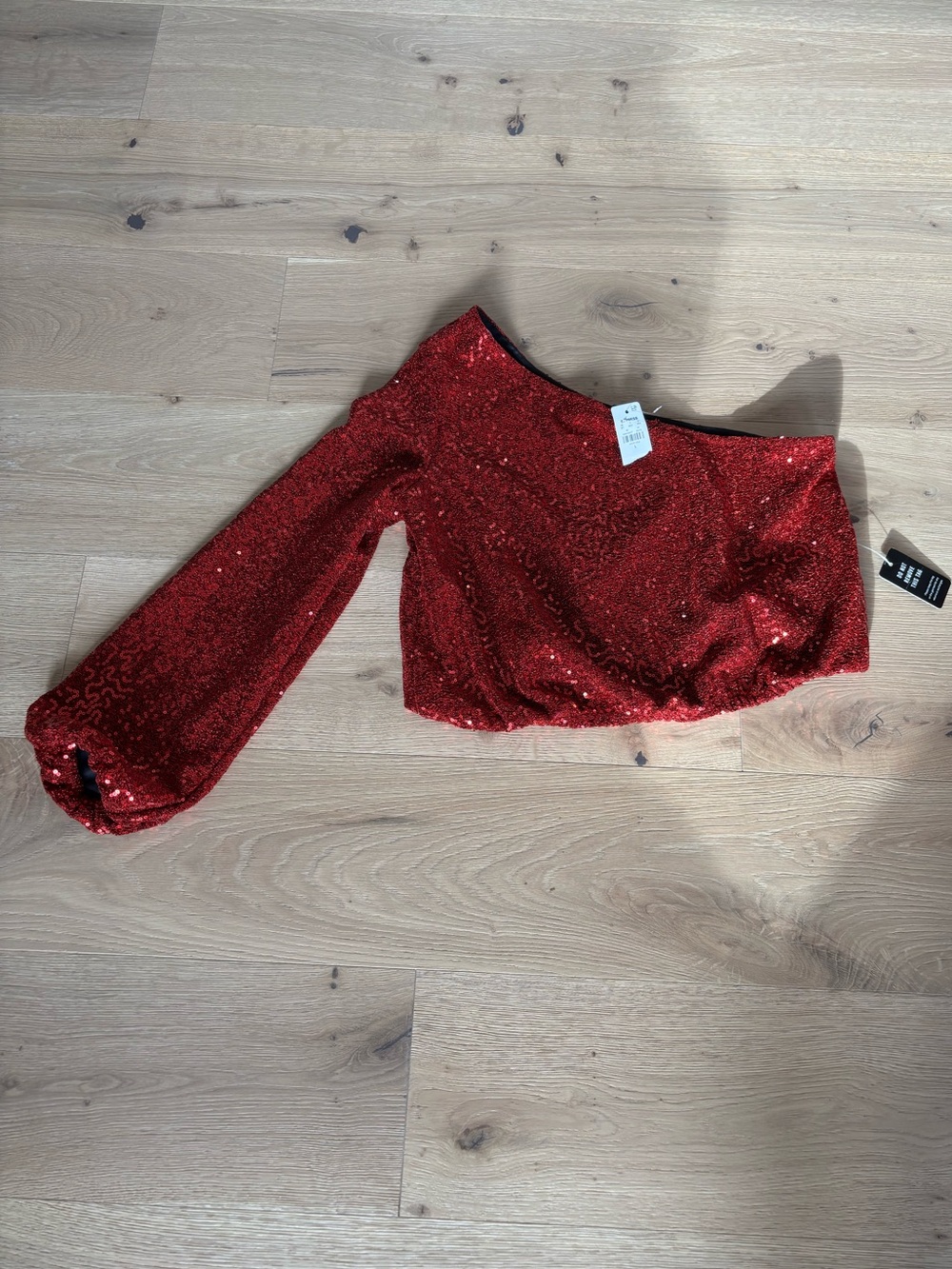 Express Red Sequin One-Sleeve Bandeau Top Party Sexy Holidays L